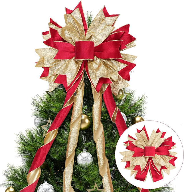 Christmas Tree Topper Bow with Streamers, 53x13 Inches Xmas Large Topper Bow Red Velvet Bows with Glitter Powder for Xmas Ornament Indoor/Outdoor Decor