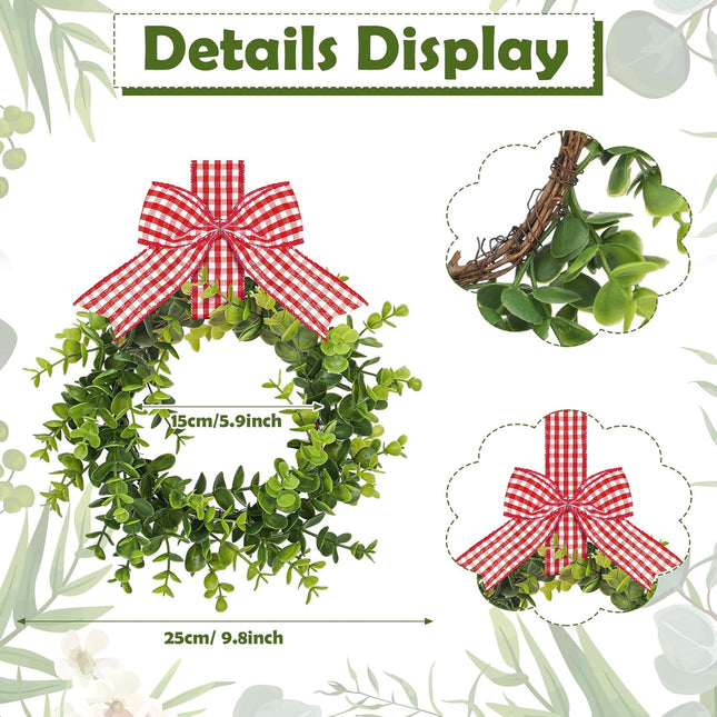 2 Pieces Faux Kitchen Cabinet Wreaths Christmas Boxwood Wreaths with Ribbon Artificial Green Leaves Wreaths Decorative Christmas Hanging Wreaths for Cabinet Wall Window (Red and White)