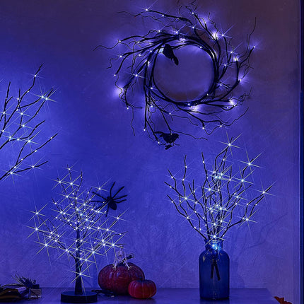 Fudios Lighted Halloween Tree with Timer 80 LED Purple Lights USB Plug or Battery Operated,18in Pre-lit Spooky Black Trees Table Indoor Home Decor