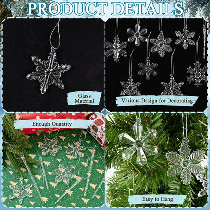 Snowflake Ornaments for Tree Decorations - 18Pcs Clear Glass Snowflake and Icicle Ornaments Set for Christmas Tree Winter Year Party Decor Supplies