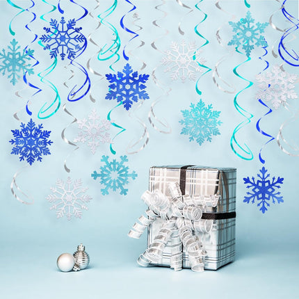 36 Pcs Glitter Snowflake Hanging Swirls Decoration - Christmas Holiday Ceiling Decorative Streamers Blue Teal Silver Snowflake Ornaments Garland for Winter Wonderland Frozen Party Supplies