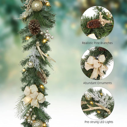 6ft Gold Christmas Garland with Lights, Lighted Xmas Garland with Stars, Flower, Berry Branches, Pre-Lit Christmas Garland Decorations for Indoor Outdoor Mantal Fireplace Banister Porch Decor