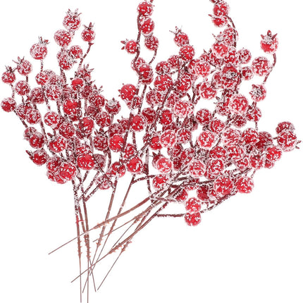 Amosfun 10 Pcs Artificial Berry Picks Christmas Frosted Holly Berry Stems Red Berry Branches for Christmas Tree Table Centerpieces Holiday Crafts DIY Ornaments