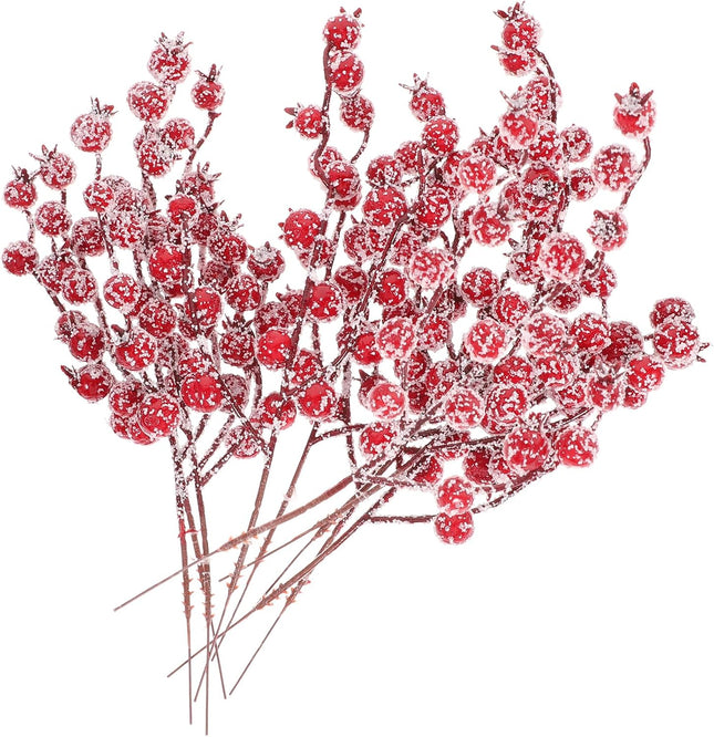 Amosfun 10 Pcs Artificial Berry Picks Christmas Frosted Holly Berry Stems Red Berry Branches for Christmas Tree Table Centerpieces Holiday Crafts DIY Ornaments