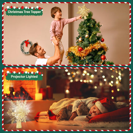 Christmas Tree Topper Lighted with 6 Projection Slides, PliMook Snowflake Christmas Tree Topper LED Rotating 3D Lighted Tree Toppers Glitter Tree Topper Projector for Christmas Tree(Gold)
