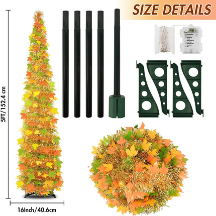 5FT Fall Pop Up Tree with 60 Lights, Lighted Fall Artificial Tinsel Maple Trees, Battery Operated with Timer Collapsible Tinel Maple Tree Fall Harvest Thanksgiving Porch Home Party Decor