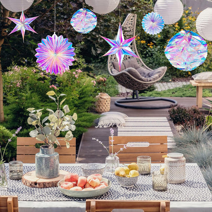 29 Pieces Home Iridescent Party Supplies Kit with Hanging Honeycomb Ball Decorative Paper Fan Snowflake Garlands White Star Hanging Swirl Decorations for Birthday Wedding Party Decorations