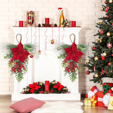 SHACOS 2Pcs Christmas Teardrop Swags with Red Poinsettia Berries, 20inch Artificial Norfolk Greenery Cedar Pine Needle Eucalyptus Xmas Balls Pine Cones Xmas Door Swag Wreath for Front Door Fireplace