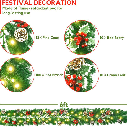 6FT Lighted Christmas Garland, Prelit Christmas Garland Indoor Outdoor Battery Operated Garland with Lights Pine Cones Berries Green Mantle Garland Christmas for Staircase Fireplaces