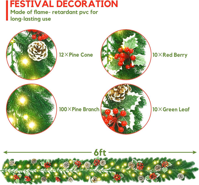6FT Lighted Christmas Garland, Prelit Christmas Garland Indoor Outdoor Battery Operated Garland with Lights Pine Cones Berries Green Mantle Garland Christmas for Staircase Fireplaces