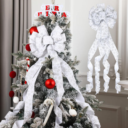 Christmas Tree Topper Set of 2 Christmas Tree Bows Ornaments Wreath Decorations Big Christmas Tree Bow Toppers with Wired Ribbon with Glitter Flecks for Xmas Decorations Home Outdoor Decor