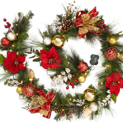 Christmas Garland with Lights, 9 ft Pre-lit Red Gold Christmas Garland with Ball Ornaments Pine Cones Battery Operated Lights for Mantle Fireplace Outdoor Home Holiday Party Decor