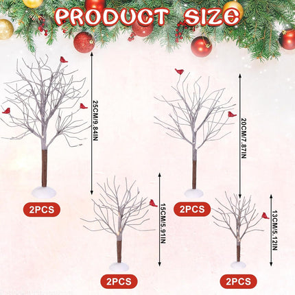 8 Pcs Christmas Decor Trees Christmas Village Trees Set Mini Decor Trees with Red Birds Snow Village Frost Trees Winter Snow Model Birch Trees Village Accessories for House Garden Winter Table Decor