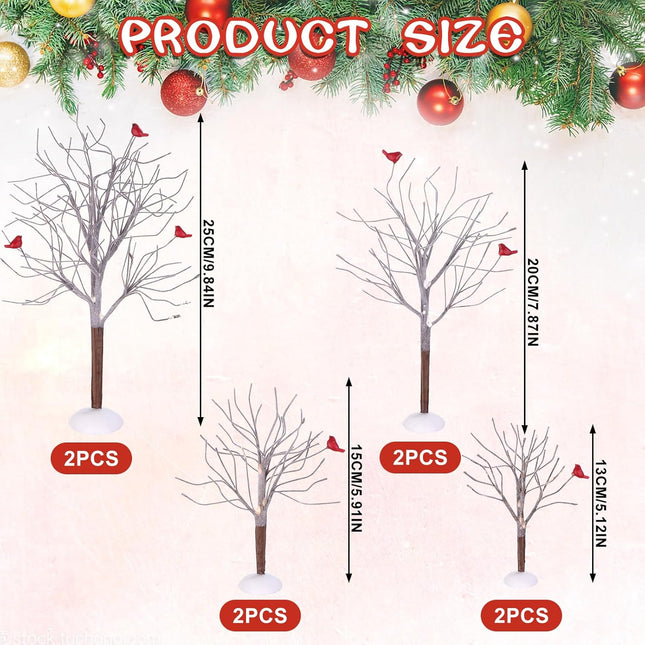 8 Pcs Christmas Decor Trees Christmas Village Trees Set Mini Decor Trees with Red Birds Snow Village Frost Trees Winter Snow Model Birch Trees Village Accessories for House Garden Winter Table Decor