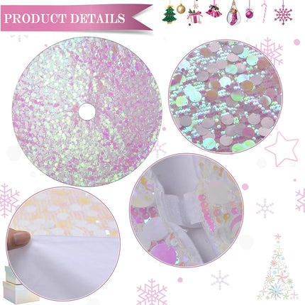 White Christmas Tree Skirt, Iridescent Large Sequin Tree Skirt 36 Inches, Xmas Tree Mats for Tree Decorations, Pink Christmas Decorations Ornaments