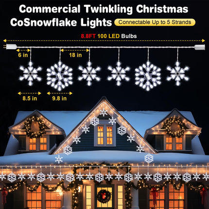 Twinkling Snowflake Christmas String Lights with 6 Drops, 8.8FT 14 of 100 Random Twinkling LED Mini Bulbs Icicle Lights Christmas Snowflake Decor Outdoor for House, End to End up to 5 Set(2 Pack)