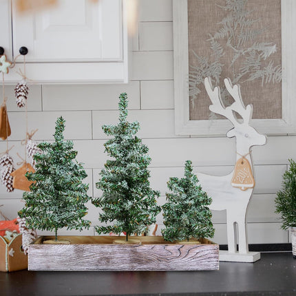 Winlyn Set of 3 Mini Snowy Artificial Canadian Pine Christmas Trees with Wood Bases Small Tabletop Christmas Trees in Rustic Wood Planter for Christmas Winter Table Centerpiece Holiday Decorations