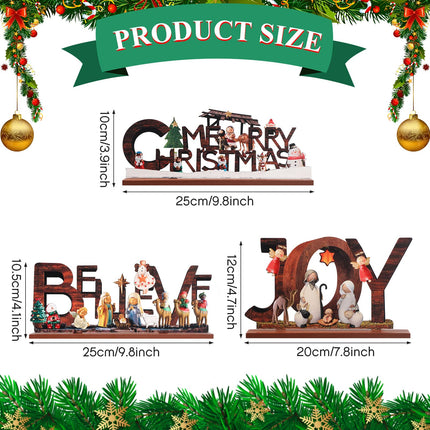 3 Pack Wood Merry Christmas Table Decorations Wooden Nativity Joy Table Centerpiece Sign Farmhouse Christmas Table Topper for Room Table Fireplace Bar Xmas Decor(Vivid Style)