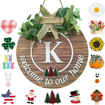 Initial Interchangeable Seasonal Welcome Sign for Front Door Last Name Letter K Front Door Wreath Rustic Home Decor with 15 Changeable Icons for All Seasons Holiday Fall Halloween Christmas Decor