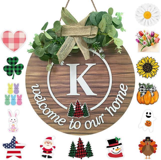Initial Interchangeable Seasonal Welcome Sign for Front Door Last Name Letter K Front Door Wreath Rustic Home Decor with 15 Changeable Icons for All Seasons Holiday Fall Halloween Christmas Decor