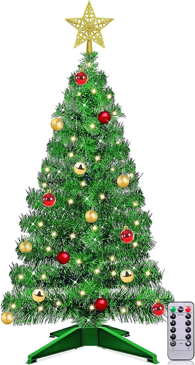 TURNMEON Remote Control 8 Modes 3 Ft Christmas Tree with Lights Timer 15 DIY Ball Ornament 50 Warm Light Battery Operated Artificial Pencil Small Tinsel Xmas Tree Holiday Decorations Home Indoor Table