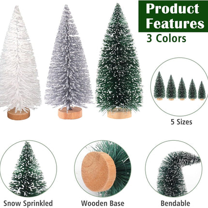30Pcs Mini Christmas Trees Artificial Christmas Tree Bottle Brush Trees with Wooden Base for Christmas Decor Christmas Party Home Table Craft Decorations(White+Silver+Dark Green)