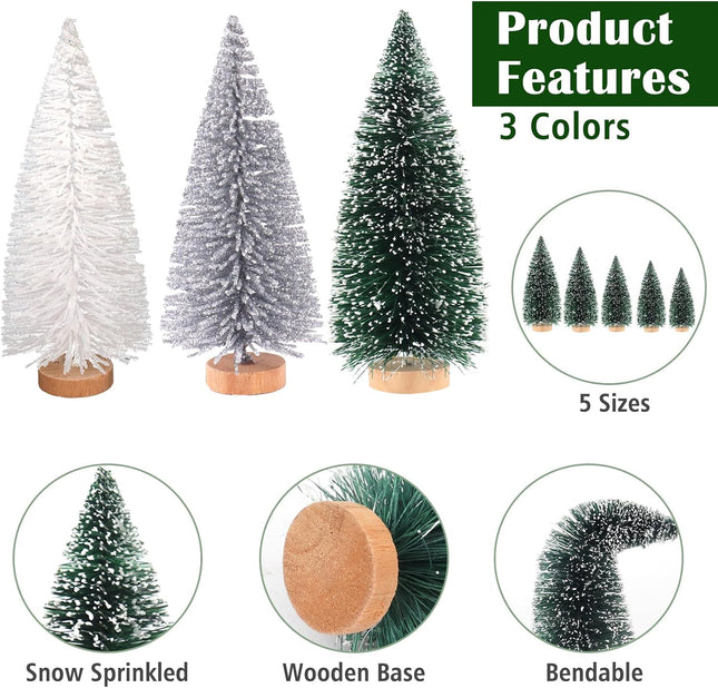 30Pcs Mini Christmas Trees Artificial Christmas Tree Bottle Brush Trees with Wooden Base for Christmas Decor Christmas Party Home Table Craft Decorations(White+Silver+Dark Green)