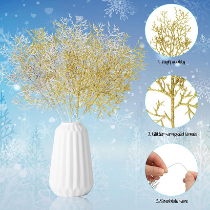 ZYP 30PCS Christmas Glitter Artificial Pine Needles Pine Tree Twig Picks,11.4'' Christmas Tree Picks and Sprays Gold Glitter Branches,Sliver Pine Needles for Embellishing Garland Wreath Decor