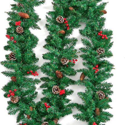 Christmas Garland, 9 Ft Artificial Realistic Green Christmas Garlands with 20 Pine Cones 15 Red Berry Vine Plants for Indoor Outdoor Home Fireplace Mantle Staircase Christmas Decorations