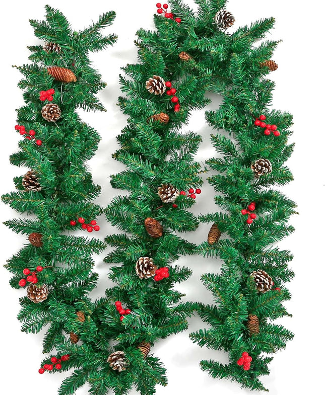Christmas Garland, 9 Ft Artificial Realistic Green Christmas Garlands with 20 Pine Cones 15 Red Berry Vine Plants for Indoor Outdoor Home Fireplace Mantle Staircase Christmas Decorations