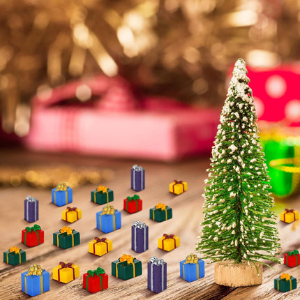 Poen 120 Pcs Christmas Miniature Ornaments Kit 50 Mini Christmas Trees Ornament 50 Christmas Resin Miniature Box and 20 Mini Green Christmas Wreaths Decorations for DIY Christmas Crafts