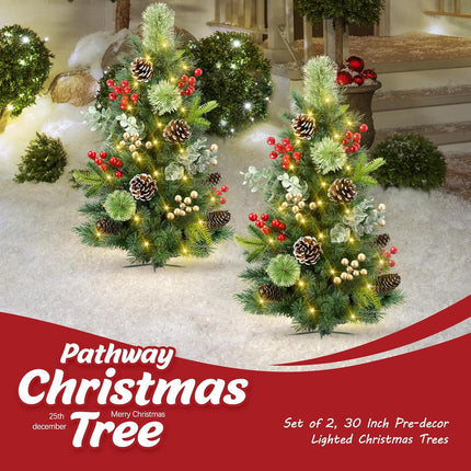 Hatisan Set of 2 30" Outdoor Pathway Christmas Trees, Battery Operated Christmas Tree with 60 LED Lights Berries Pine Cones Eucalyptus Stems, Outdoor Christmas Trees for Porch Garden Yard Driveway