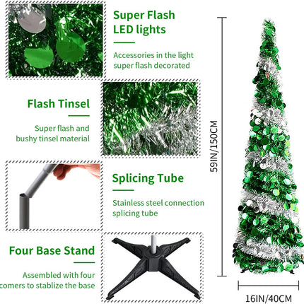 Pop Up Christmas Tree, 5 FT Artificial Christmas Trees Collapsible Snowflake Sequin Pencil Christmas Tree with Stand Pop Up Artificial Tree for Holiday Christmas Home Office