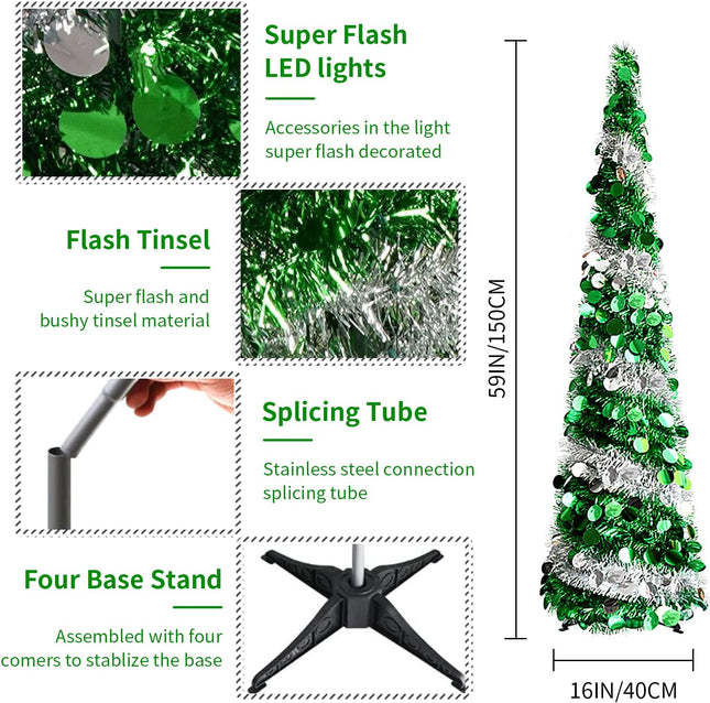 Pop Up Christmas Tree, 5 FT Artificial Christmas Trees Collapsible Snowflake Sequin Pencil Christmas Tree with Stand Pop Up Artificial Tree for Holiday Christmas Home Office