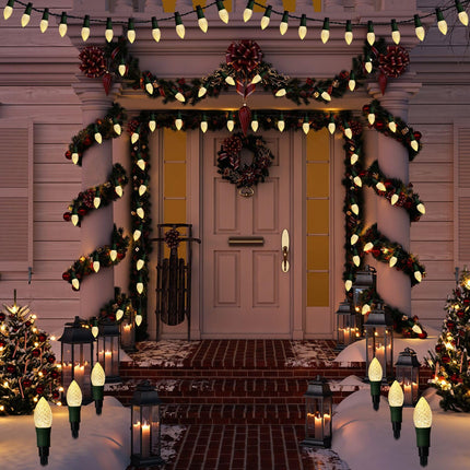 est Solar Christmas Pathway Lights Outdoor, 20 LED C9 Christmas Lights with 20 Stakes, 23FT Solar Christmas Decorations Strawberry String Lights for Roof Yard Patio Walkway Driveway, Warm White