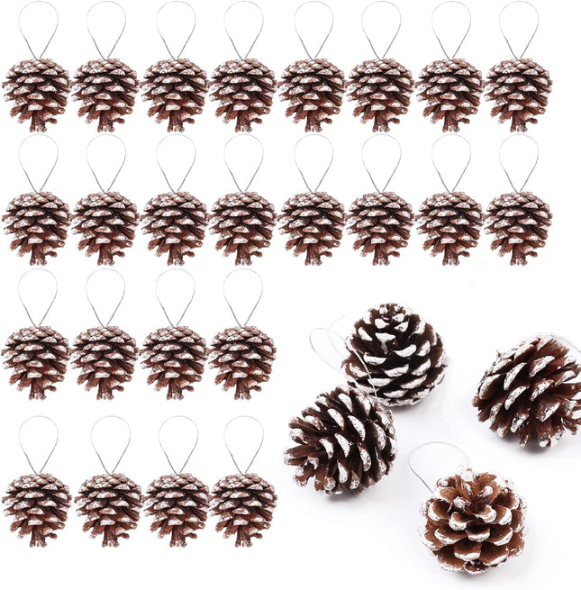 Christmas 30PCS Natural TIMOXMAS Pine Cones 1.5 to 2.5 inch Snow Frosting Pinecones with Hanging String, White Brown Pine Cone Decorations for DIY Crafts Holiday Wreath Garland Party Ornaments