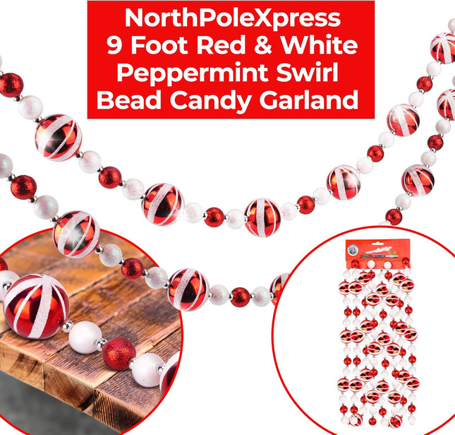 9 Foot Red & White Peppermint Swirl Bead Candy Christmas Garland Farmhouse Rustic Glitter Beaded Christmas Tree Garland for Retro Vintage Candy Trees Garland Christmas Decorations for Indoor Use
