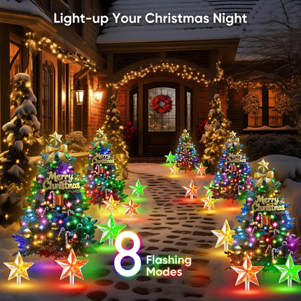Outdoor Christmas Decorations: 2 Pack 30In Artificial Solar Christmas Tree Lights with 33 LED, 3 Star Stake Lights, 8 Modes Solar Christmas Lights Outdoor Waterproof for Yard, Pathway, Grave Decor