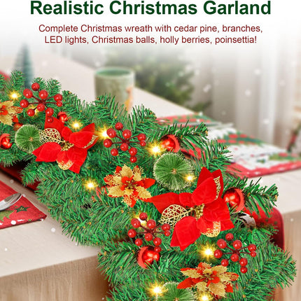 9FT Prelit Artificial Christmas Garland with Lights: Greenery Garland Decoration with 30 Warm LED Lights - Xmas Garland for Office Fireplace Mantle - Christmas's Day Indoor Outdoor Holiday Decor