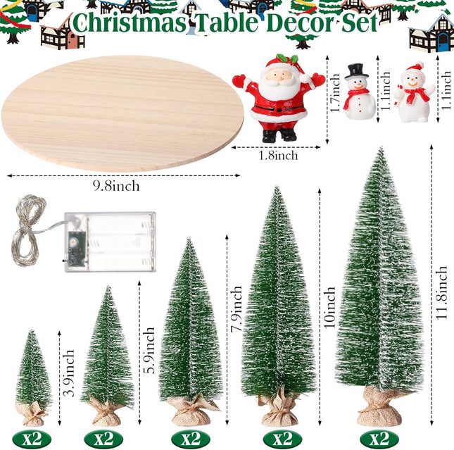 10 Pcs Artificial Mini Christmas Trees 5 Size Bottle Brush Pine Trees Christmas Village Decorations with Santa Snowmen Ornament and LED Light String for DIY Craft Tabletop Desk Display