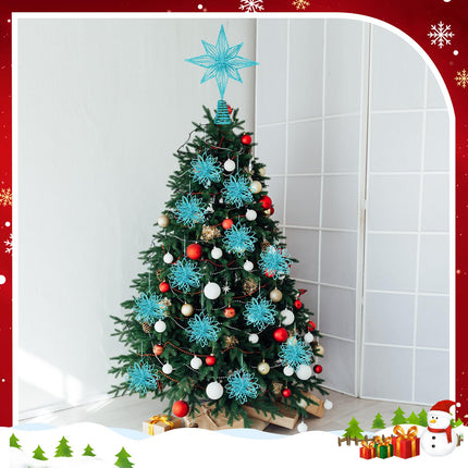 Barydat 17 Pcs Christmas Tree Decorations Set Glitter Star Christmas Tree Topper Metal Xmas Treetop with 16 Hanging Flower Christmas Balls Ornaments for Holiday Xmas Tree Party Decoration (Light Blue)