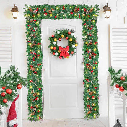 9 FT Christmas Garland with Lights, Lighted Christmas Garland for Mantel, Garlands for Decoration Christmas with Pinecone, Red Berry, Pine, 3 Modes Lighting Christmas Decor for Door, Table, Fireplace