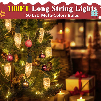 C9 LED Christmas Lights Outdoor, 100 Feet 50 LED C9 String Lights, Waterproof Connectable Christmas Tree Lights for Outside Roofline Patio Home Xmas Party Decor, Warm White