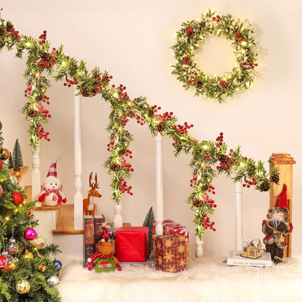 MARTINE MALL 6FT Christmas Garland, Pre-lit Christmas Garland with 20 LED Lights, Battery Operated Christmas Lighted Garland with Snowflakes Red Berry Christmas Garland for Mantle Fireplace