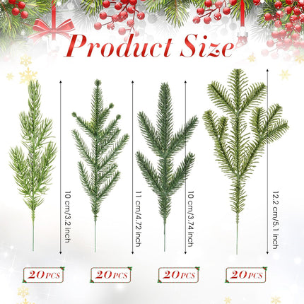 Yunlly 80 Pcs Christmas Artificial Pine Needle Branches 4 Styles Garland Greenery Plant Winter Fake Stems Xmas Tree Picks for DIY Wreath Centerpiece Vast Home Winter Wedding Party Decoration(Classic)