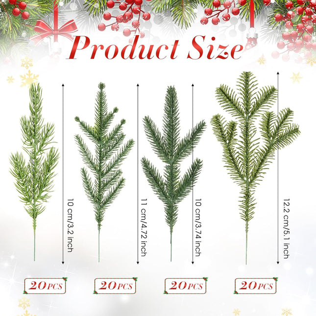 Yunlly 80 Pcs Christmas Artificial Pine Needle Branches 4 Styles Garland Greenery Plant Winter Fake Stems Xmas Tree Picks for DIY Wreath Centerpiece Vast Home Winter Wedding Party Decoration(Classic)