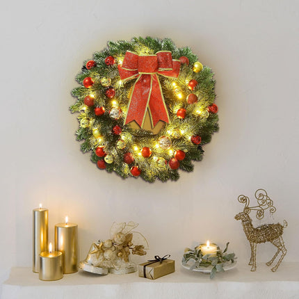 Lulu Home 16 Inch Pre-lit Christmas Wreath with Hook, Battery Operated Christmas Wreath Decorative Christmas Balls Hanging Ornament, Artificial Door Wreath 40 Clear LED Lights
