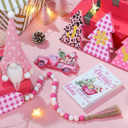 Pink Christmas Tiered Tray Decor 8 PCS Pink Christmas Decorations Indoor - Believe Christmas Wooden Signs & Pink Christmas Gnome Plush Set - Christmas Table Decor Tier for Home Kitchen Mantel