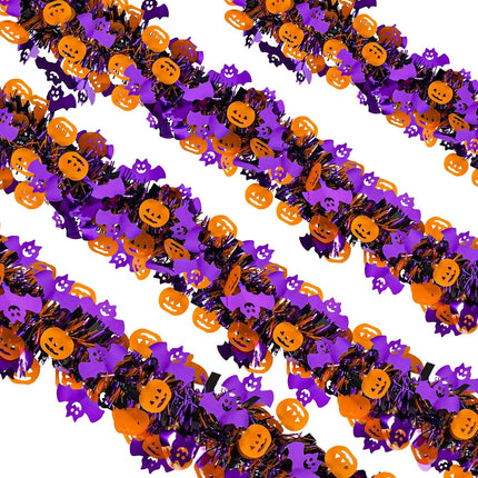 Halloween Decorations, 33 Ft Halloween Tinsel Garland Twist Shiny Metallic Halloween Garland with Orange Pumpkin Black Spider Purple Bat for Home Tree Party Indoor Outdoor Decorations