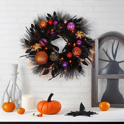 20 Inches Black Christmas Wreath Halloween Wreath Handmade Black Wreath for Front Door Porch Mantel Fireplace Window Wall Indoor Outdoor Halloween Christmas Winter Birthday Decor